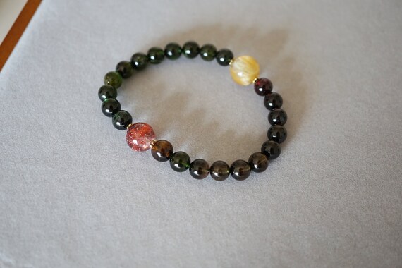 Multi Toumaline Bracelet, Dark Color Round Tourmaline, Strawberry Rutilated Bracelet 7.4mm
