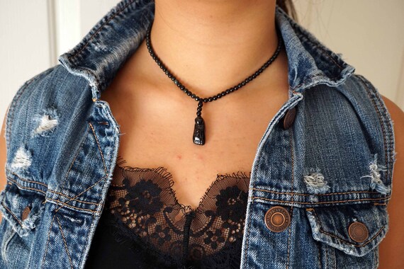 Natural Obsidian Pendant Necklace, Lucky Obsidian Beaded Necklace, Obsidian Shoe Spider Charm