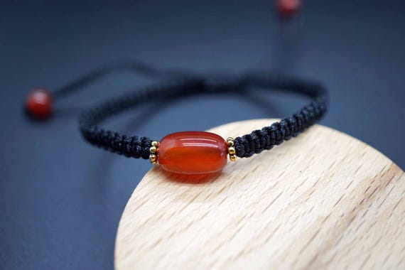 Carnelian Charm Bracelet, Braided Cord Bracelet, Black Tibetan Rope Bracelet, Barrel Carnelian Charm