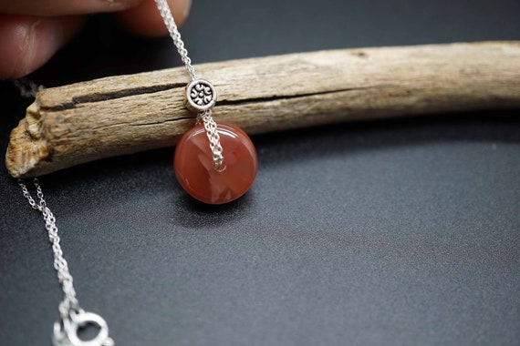Natural Red Donut Agate Charm, Sterling Silver Necklace, Chinese Nanhong Charm, 12.4mm
