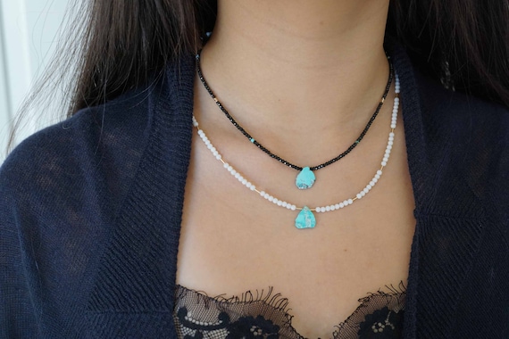 White Coral Bead Necklace, Tiny Beaded Necklace, Imperial Crown turquoise Charm Necklace, Black Tourmaline Choker