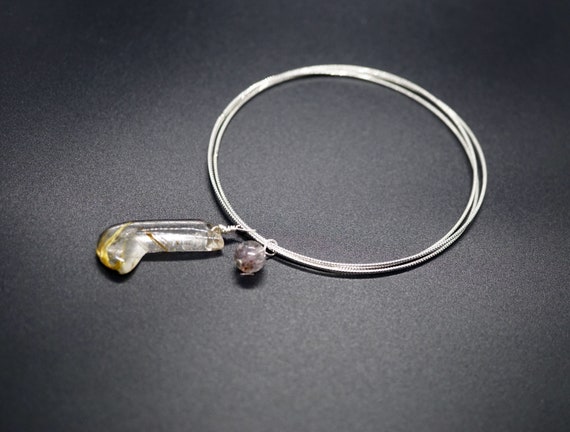 Sterling Silver Diamond-Cut Three-Ring Interlocking Bangle Bracelet With Gold Rutilated Quartz Charm Bracelet Gift for Her