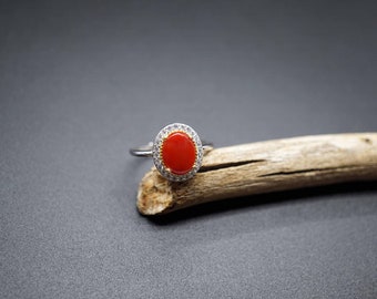Natural Red Coral Ring: 925 Silver CZ, US Size 7