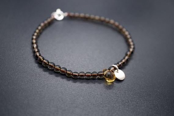 Smoky Quartz Bracelet, Citrine Charm Bracelet, Silver Charm Bracelet, Brown Quartz Bracelet