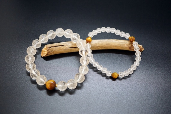Natural Clear Quartz Bracelet, Rock Crystal Bracelet, Carved Lotus Bead, Healing Crystal 10mm/6mm