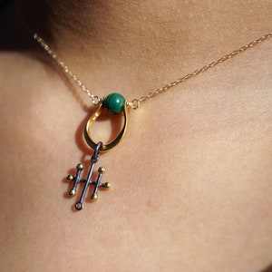 Malachite Necklace: Gold Horseshoe, Black Bar Charm, Gold-Filled Chain