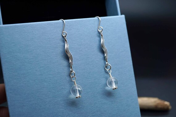Sterling Silver Dangle Earring, Moonstone Hook Earrings, Blue Moonstoen Earrings, Silver Squiggle Earrings
