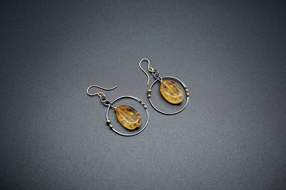 Natural Citrine Earring, Silver Black Finish Circle Earring, Gold Filled Hook Earring