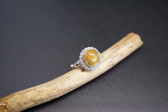 Natural Rutilated Quartz Ring, Round Cabochon Ring, Gold Rutilated Quartz Ring, US 7 1/2