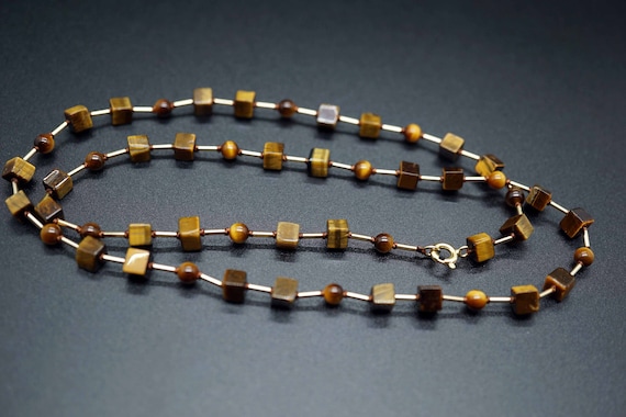 Tiger's Eye Bead Necklace, Kontted Bead Necklace, Custom Length Necklace, Cube Tigereye Choker