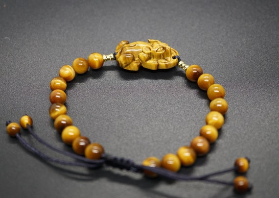 Natural Tiger's Eye Bracelet, Tiger's Eye Mouse Charm, Tiger's Eye Adjustable Bracelet, Gold Tiger Eye Bracelet
