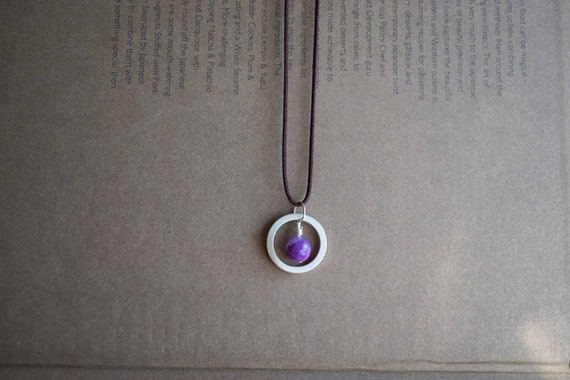Natural Sugilite Charm, Handmade Sugilite Pendant, Sterling Silver Brushed Charm, Open Ring Charm