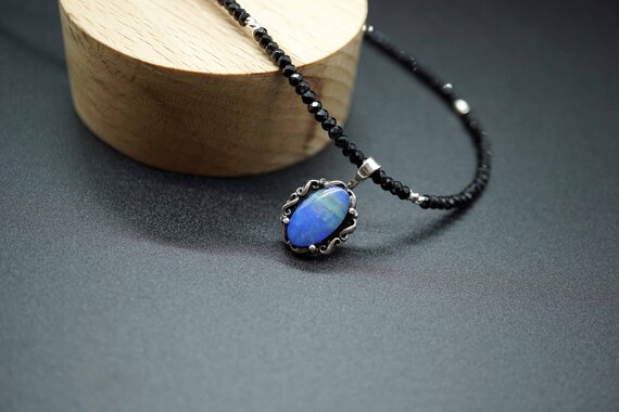 Genuine Black Opal Charm, Silver Blue Opal charm, Black Tourmaline Necklace, October Birthstone