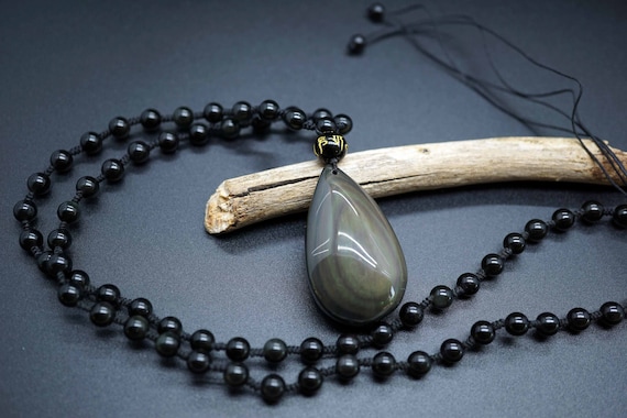 Rainbown Obsidian Pendant, Natural Obsidian Pendant Necklace, Teardrop Obsidian Pendant