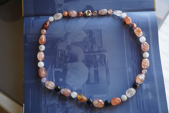 Natural Quartz Crystal Necklace, Nugget Bead Necklace, Knotted Bead Necklace, 26 inch