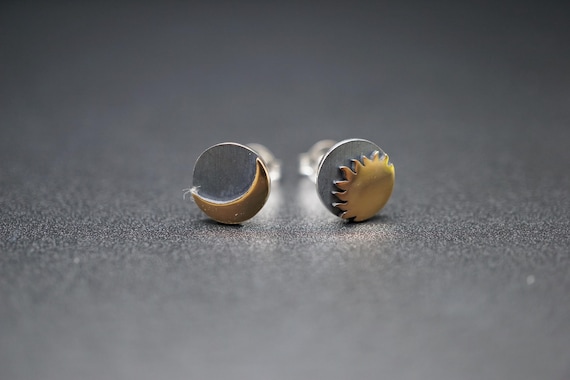 Sterling Silver Post Earrings with Bronze Sun and Moon 8x8mm