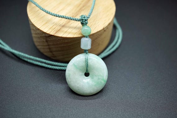 Natural Jadeite Pendant, Lucky Round Donut Pendant, Adjustable Cord Necklace, 22mm