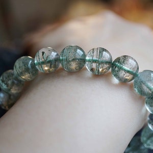 Natural Green Ghost Phantom, Green Quartz Bracelet, Lodolite Quartz, 10.6mm