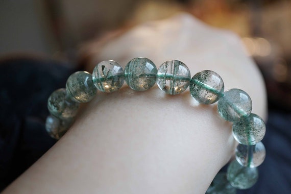 Natural Green Ghost Phantom, Green Quartz Bracelet, Lodolite Quartz, 10.6mm