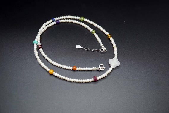 Tiny Pearl Bead Necklace, Rose Quartz Charm Necklace, Multigem Bead Choker, Multi-color Choker Necklace 18''