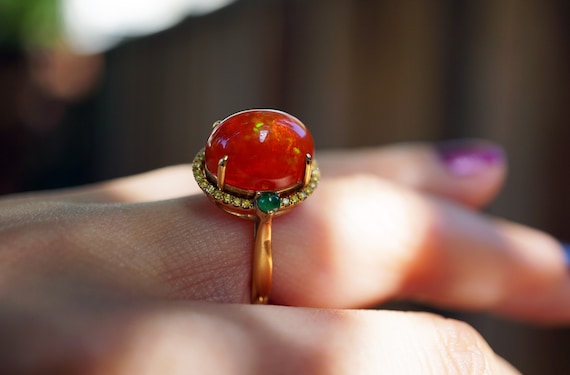 Mexican Fire Opal Ring, Natural Cabochon Fire Opal Ring, 18K Gold Ring, Yellow Diamond Ring, US6