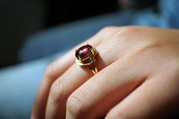 18K Yellow Gold Ring, Cabochon Red Tourmaline Ring, Classic Red Ring, US 6