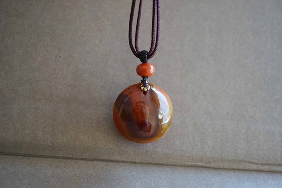 Natural Nanhong Agate Pendant, Round Nanhong Charm, Double Side Use Pendant, Brown Adjustable Cord