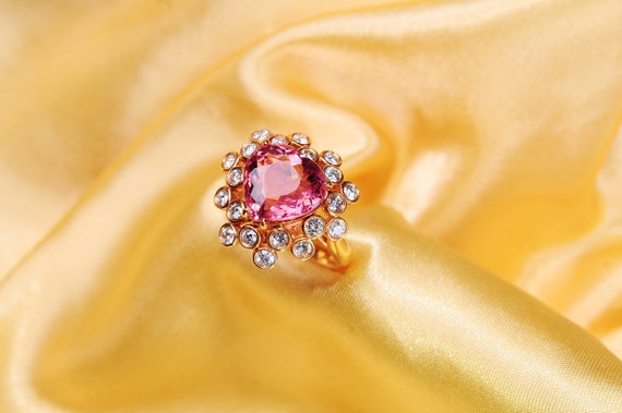 Red Heart Tourmaline Ring, Tournmaline Diamond Ring,Tourmaline Engagement Ring, 18K Rose Gold US6.25.5
