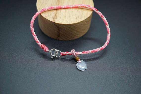 Braided Wax Cord Bracelet, Multicolor Pink Bracelet, White Jade Bracelet, Apple Jade Charm Bracelet, Sterling Silver Clasp