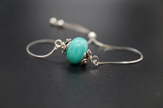 Sterling Silver Adjustable Chain Donut Natural Amazonite Charm Bracelet For Her Blue