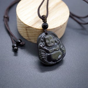 Obsidian Buddha Pendant, Obsidian Amulet Pendant, Natural Obsidian Laughing Buddha