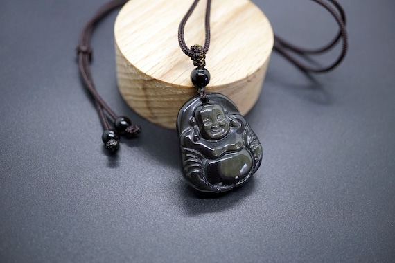 Obsidian Buddha Pendant, Obsidian Amulet Pendant, Natural Obsidian Laughing Buddha