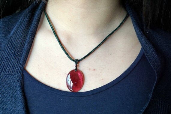 Red Cabochon Tourmaline, Oval Red Tourmaline Pendant, High Quality Tourmaline Gem, Handmade Green Cord Necklace