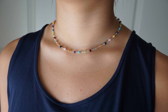 Sterling Silver Charm Necklace, Natural Bead Link Necklace, Beaded Choker Necklace