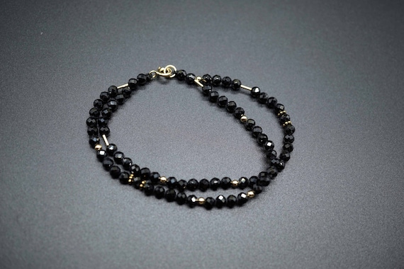 Black Tourmaline Bead Bracelet 7'' Black Gemstone 4mm Gold Filled 2 Strands Tourmaline Bracelet