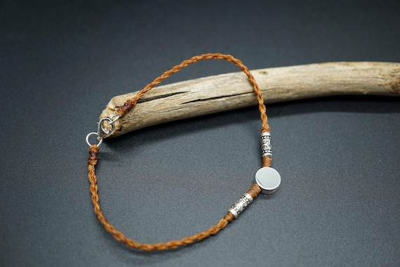 Sterling Silver Circle Bead Bracelet: Brown Wax Cord, 7 Inch