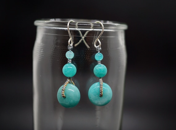 Amazonite Dangle Earrings, Silver Hook Earrings, Blue Woven Amazonite Drop Earrings