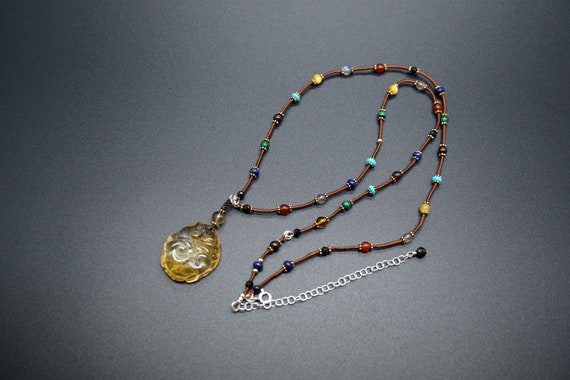 Natural Citrine Pendant, Handmade Long Necklace, Knotted Bead Necklace, Multibeads Necklace