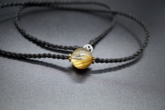 Natural Gold Rutilated Quartz, Braided Cord Necklace, Black Rope Necklace, Gold Quartz Charm Choker, 11.5mm Grade A