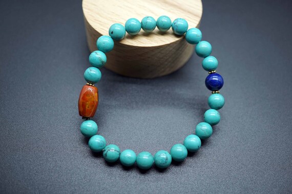 Blue Turquoise Bracelet, Red Agate Bracelet, Round Turquoise Bracelet, Decmber Birthstone, 7mm