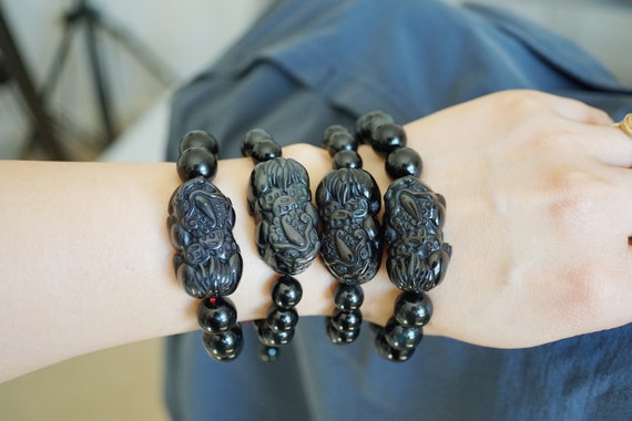 Natural Obsidian Money Pixiu Bracelet,  Rainbow Obsidian Piyao Adjustable Bracelet 10mm/12mm