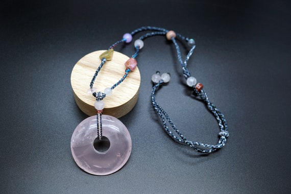 Natural Rose Quartz Pendant Pink Round Donut Pendant Adjustable Handmade Cord Necklace 45mm