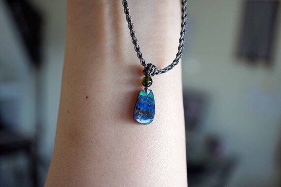 Natural Boulder Opal Charm, Colorful Opal Charm, Gray Cord Necklace, Free Shape Opal Necklace