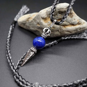 925 Sterling Silver Vajra Dorje, Lapis Lazuli Dorje Pendant Necklace, Handmade Cotton Necklace