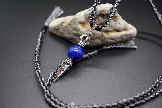 925 Sterling Silver Vajra Dorje, Lapis Lazuli Dorje Pendant Necklace, Handmade Cotton Necklace