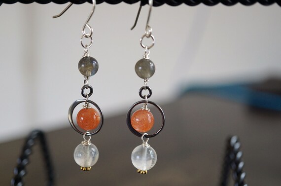 Natural Moonstone Dangle Earring Labradorite Drop Earrings Sunstone Long Earrins