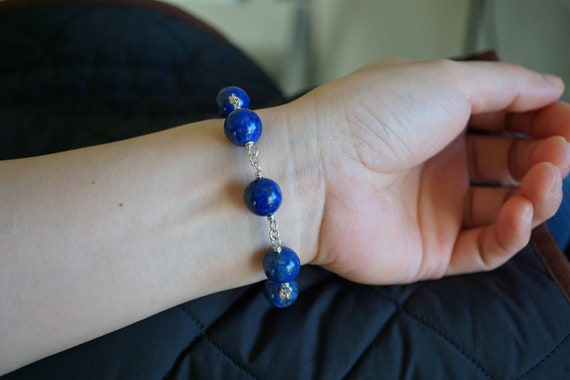 Lapis Lazuli Bead Bracelet, Blue Lapis Chain Link Bracelet, Handmade Sterling Silver Bracelet, 12mm Lapis