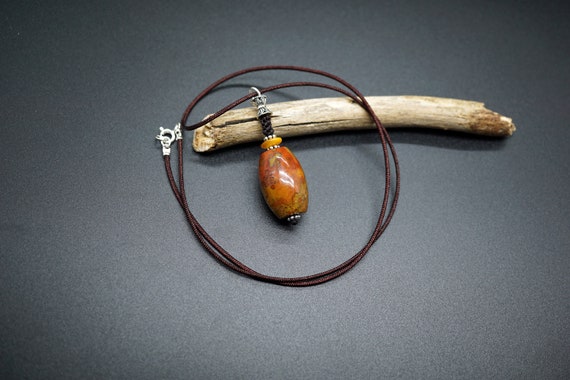 Natural Oval Nanhong Pendant, Brown Cord Necklace, Multicolor Gemstone Pendant