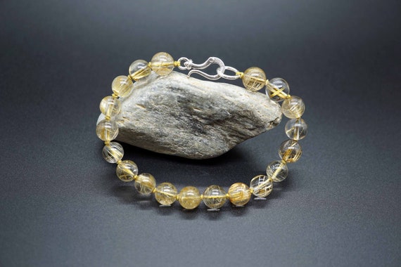 Natural Gold Rutilated Quartz, Knotted Rutilated Quartz Bracelet, Rutilated Quartz Bracelet, Silver Hook Bracelet for Men