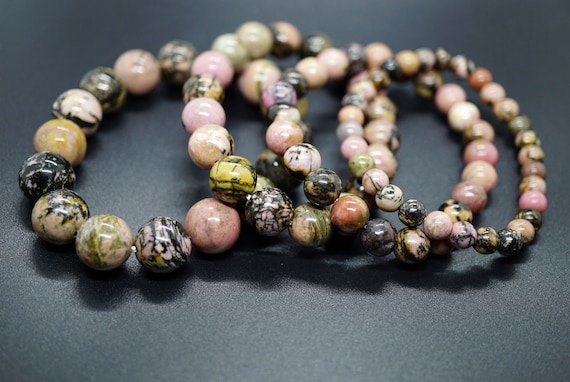 Natural Rhodonite Bracelet, Pink Rhodonite Bracelet, Stretch Beaded Bracelet, 12mm/10mm/8mm/6mm